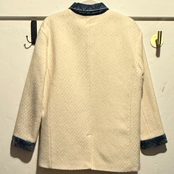 Sandro Chelby Ivory Tweed Contrast Denim Button Up Jacket FR 34 US 2 - Picture 3 of 4